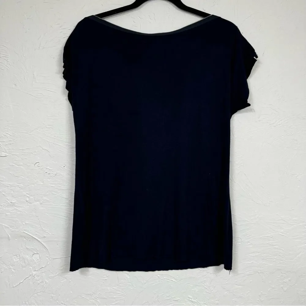 Bailey 44 Navy Blue Zip Boat Neck Y2K Blouse Womens L Preppy Girly Short Sleeve - Picture 9 of 11